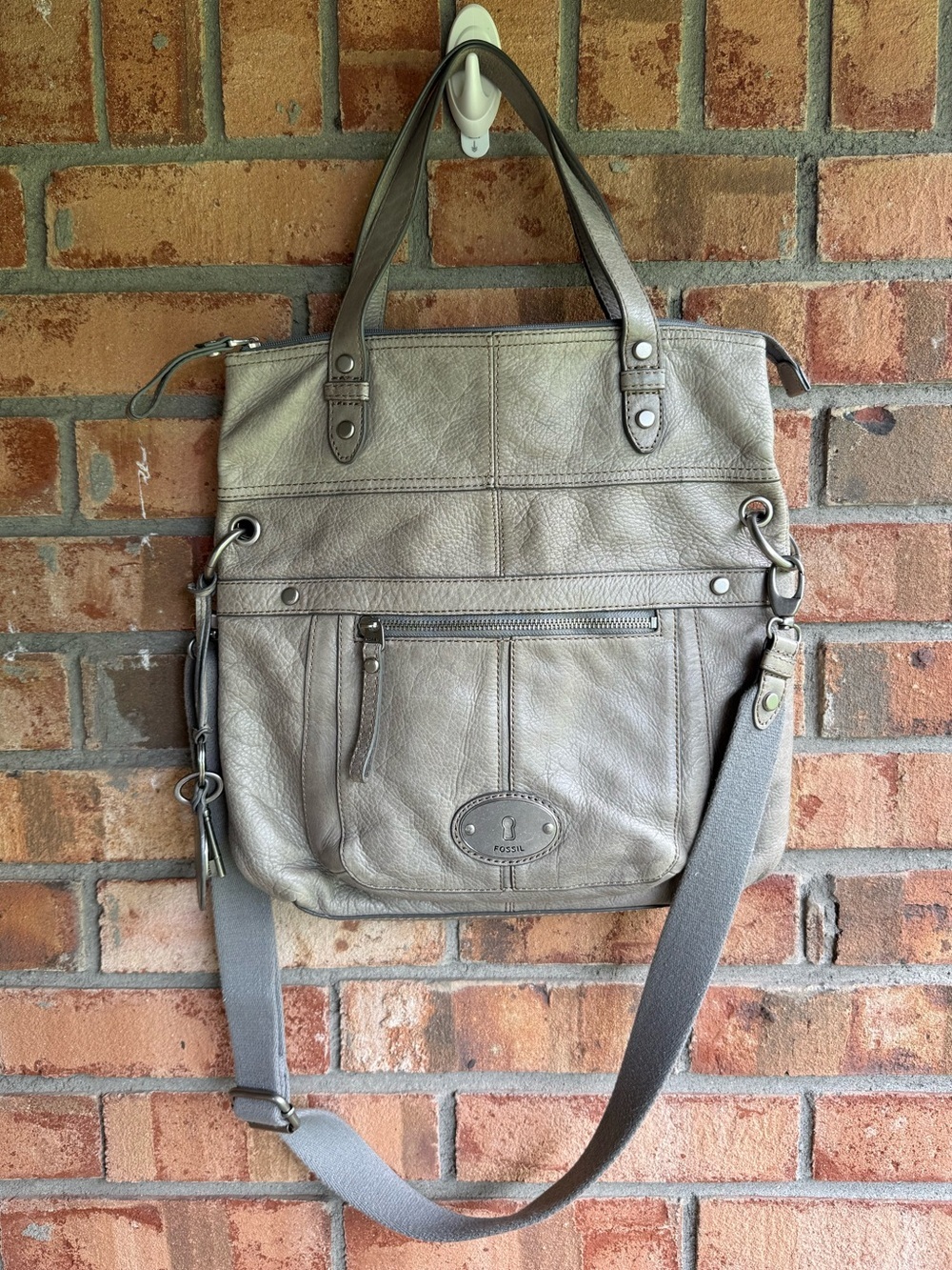 Fossil Gray Leather Crossbody Slouchy Hobo Bag with Adjustable Crossbody Strap